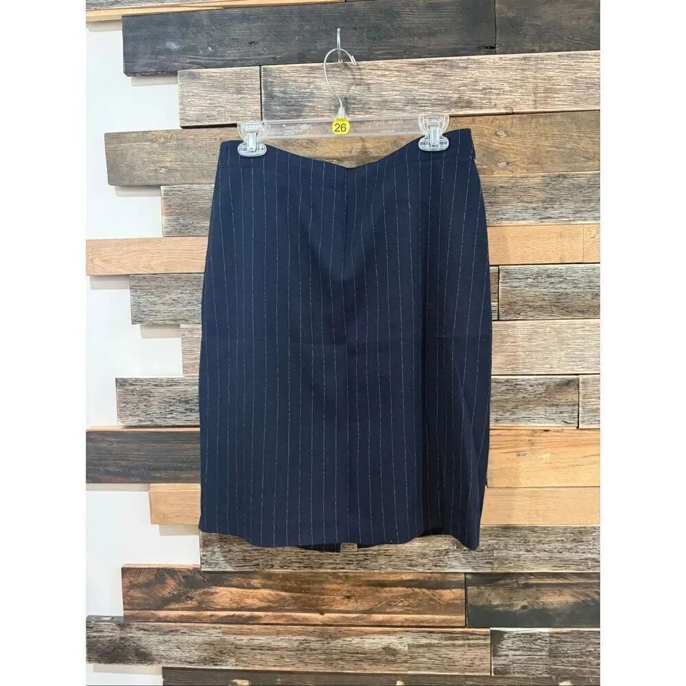 Donna Karan Womens Knee Length Knit Pencil Skirt Navy Blue Stripes Size 8